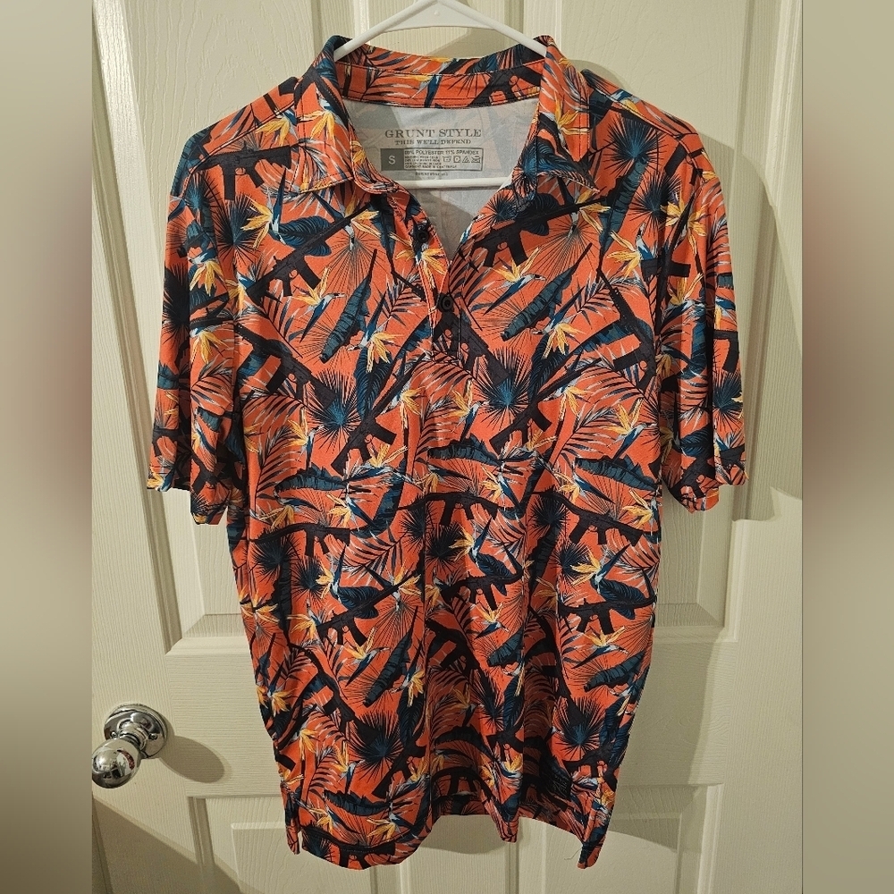 Grunt Style Mens Range Paradise Polo w/ Floral And Gun Print Golf Shirt Size S